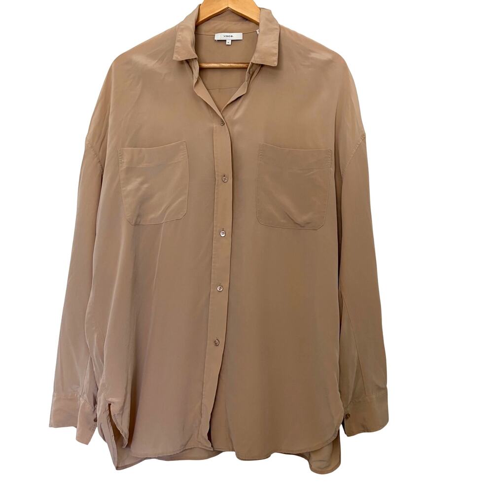 Vince 100% Silk Button Up Shirt Beige Tan Size XL Relaxed